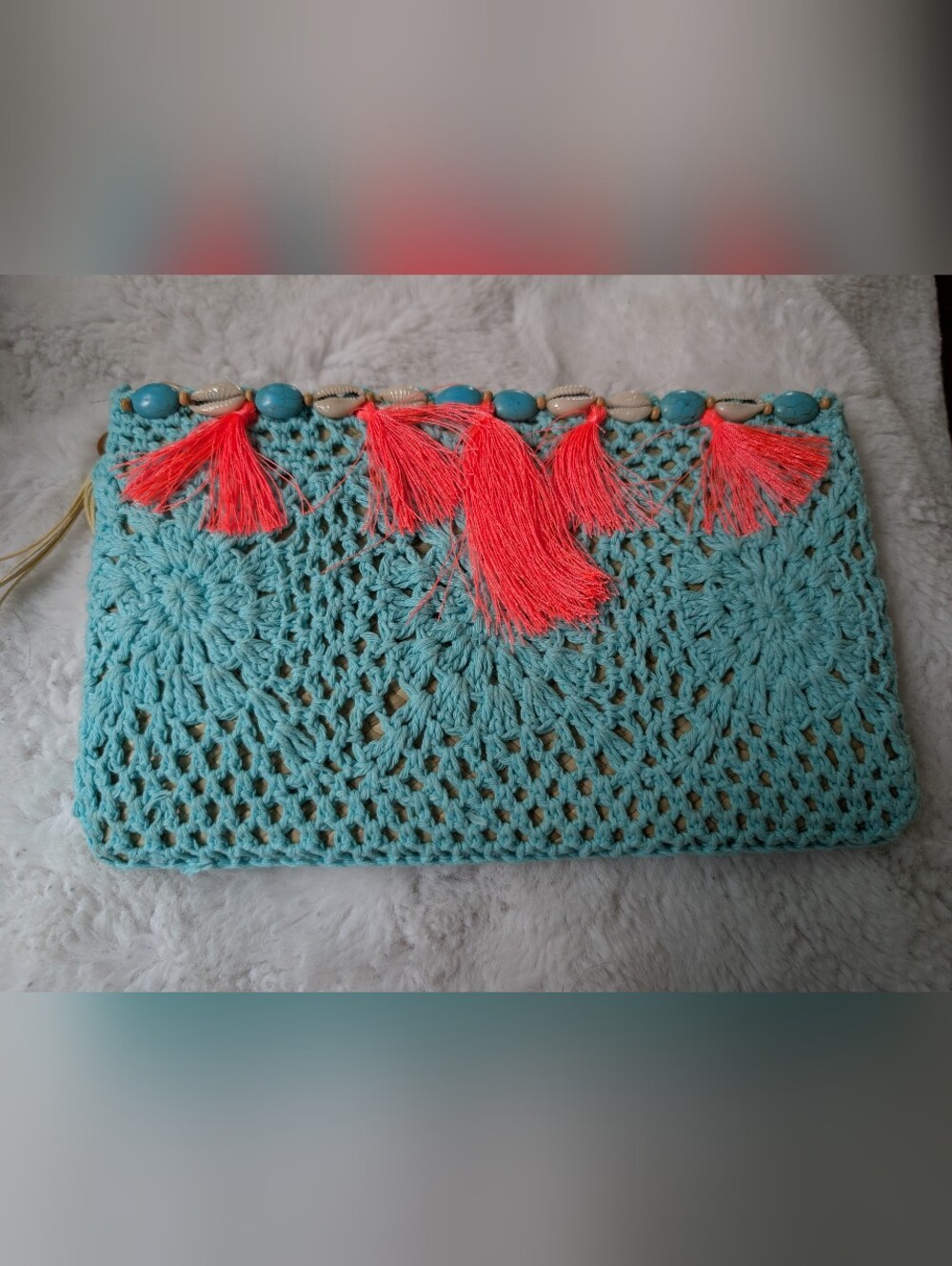 Turquoise Crochet Tassel Clutch - Beachy Summer Bag
